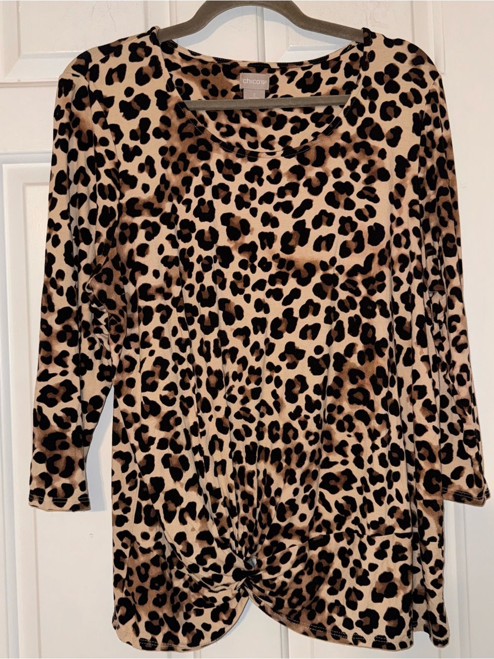 Chicos Leopard Print knot front Knit 3/4 sleeve Top tee blouse brown beige L
